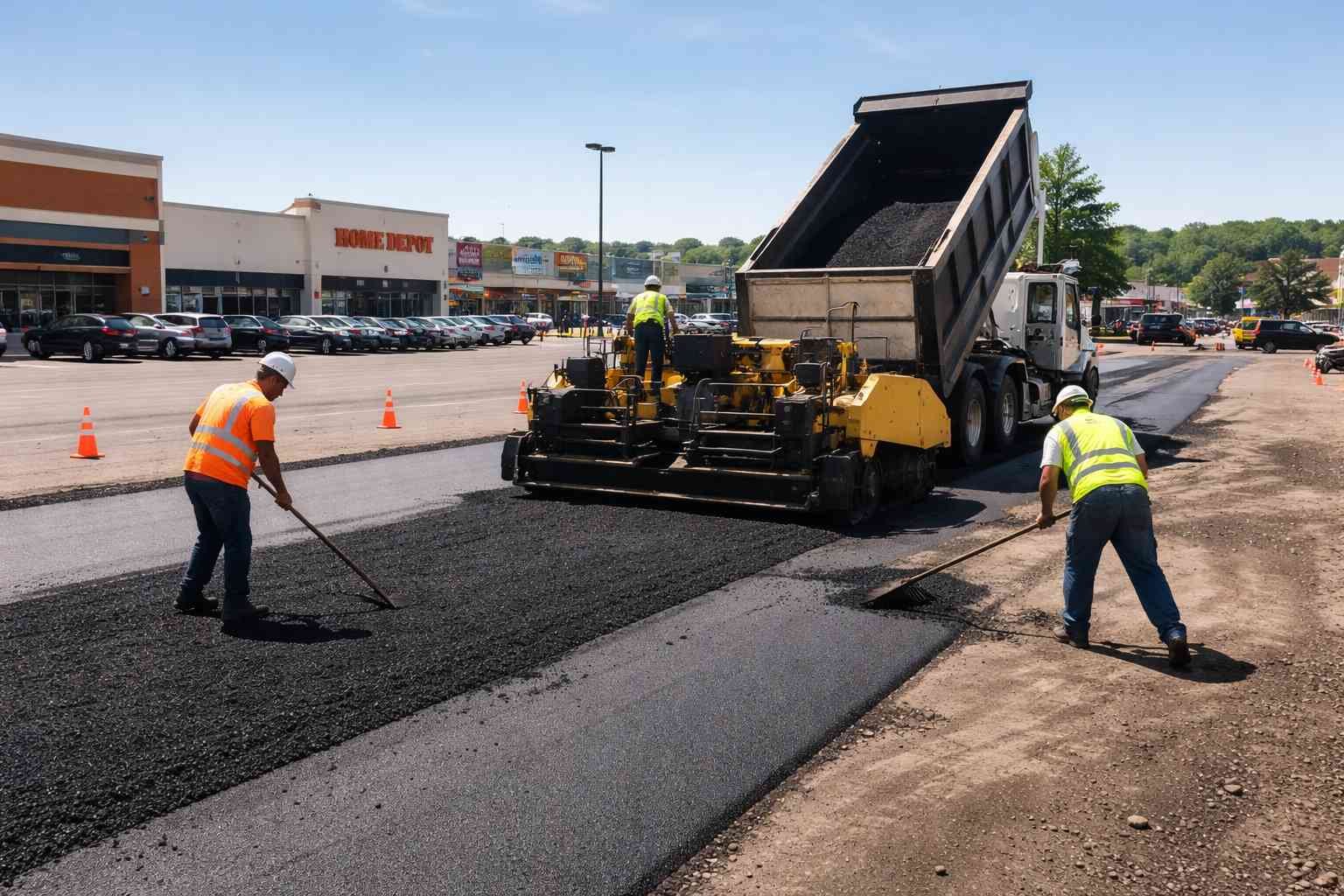 Workers of Durable Paving that's asphalting a commercial space's lot.