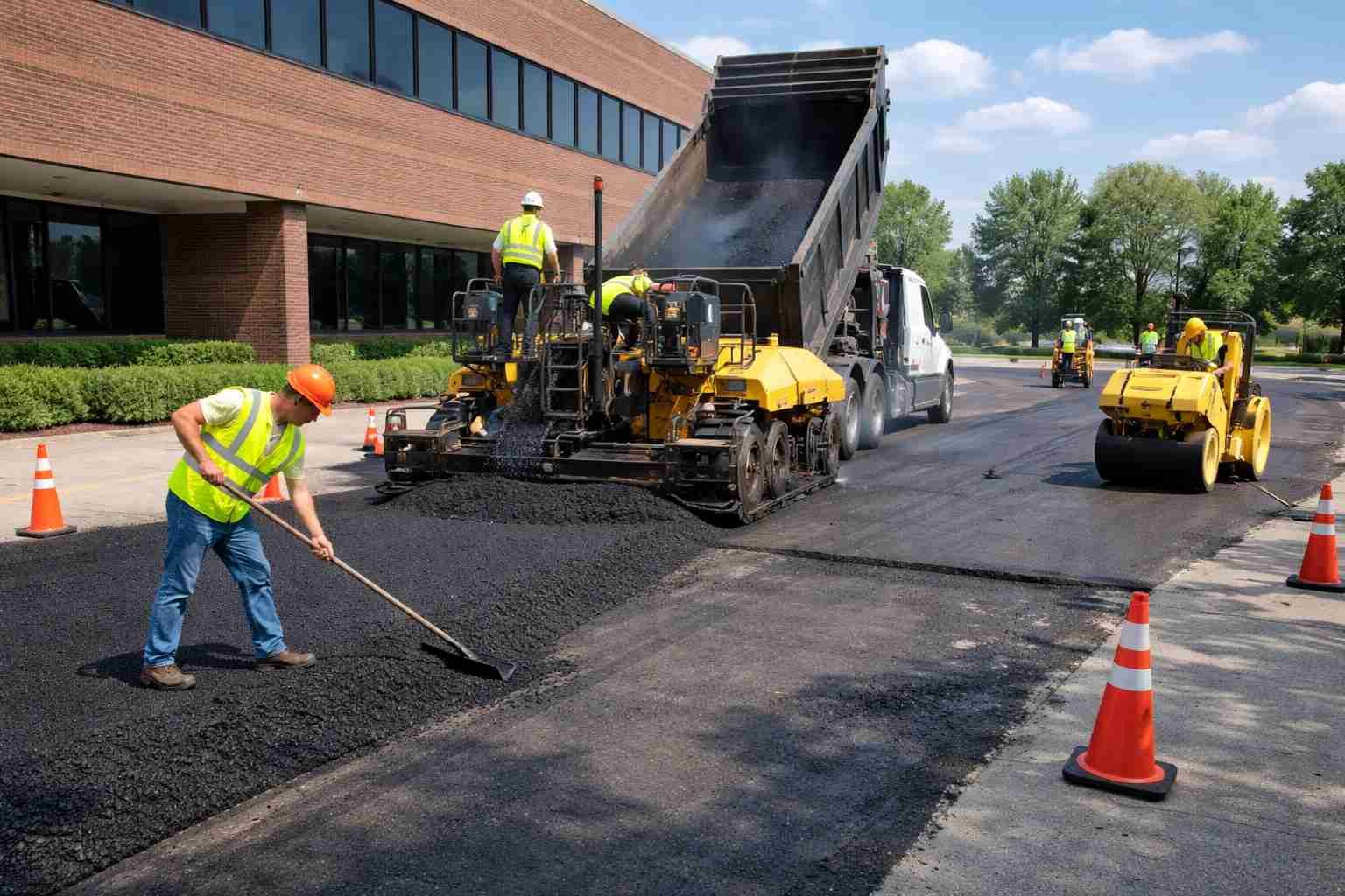 Durable Paving workers working on a commercial asphalt paving in Zimmerman, MN.